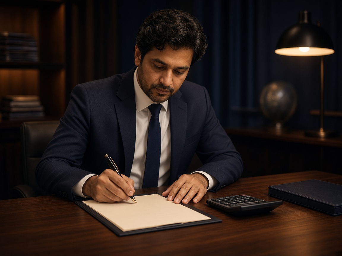 An audit report being signed at a dark wood desk