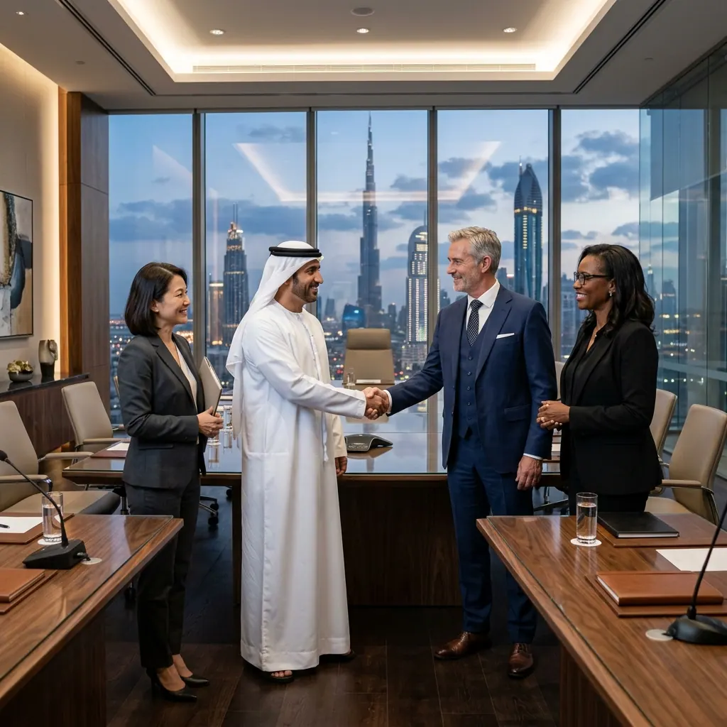 A handshake in a Dubai boardroom at dusk, with the Burj Khalifa beyond the glass