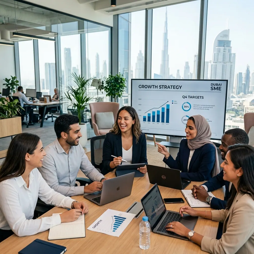 A team meeting in a Dubai office with the skyline behind the glass